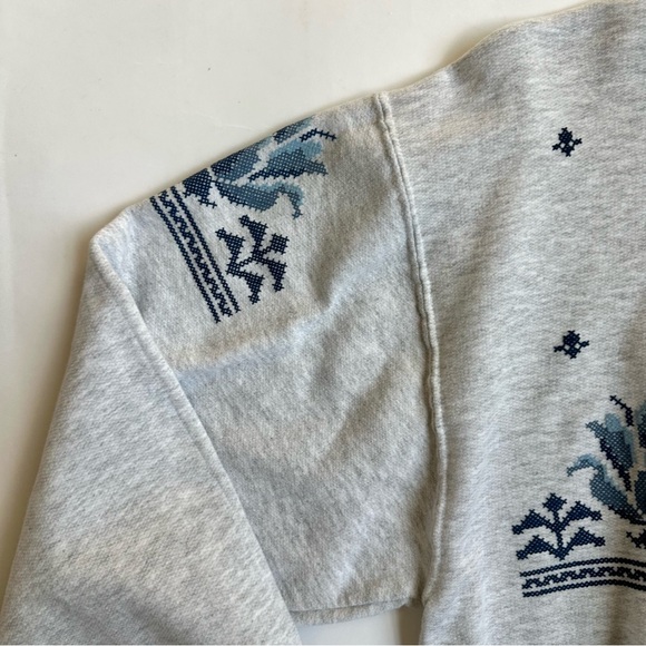 Collared Cross Stitch Embroidered Printed Sweatshirt S - Picture 5 of 9